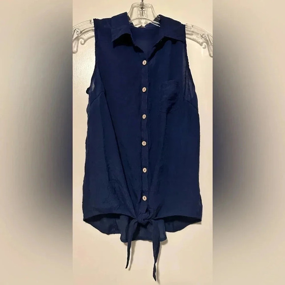 E&M blue button up thin tie front top size M - Picture 1 of 6